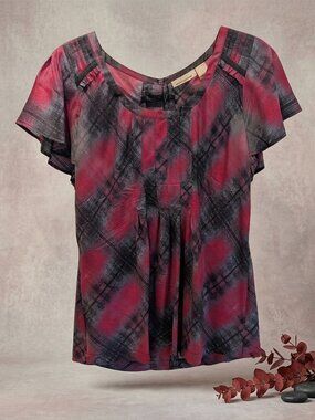 DKNY Jeans Red & Black Plaid Flutter Sleeve Blouse